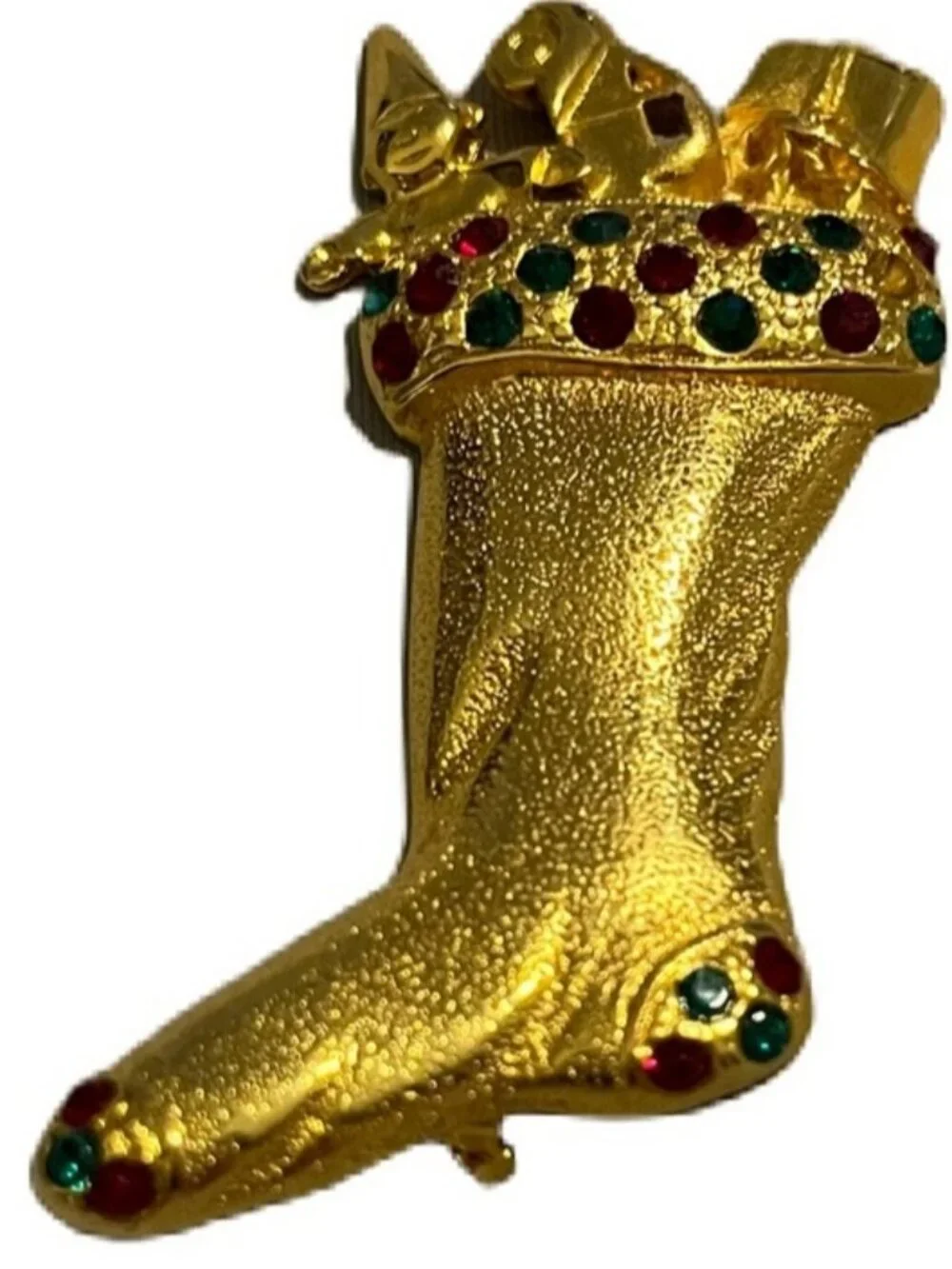 Vintage Gold Stocking Brooch with Red & Green Accents